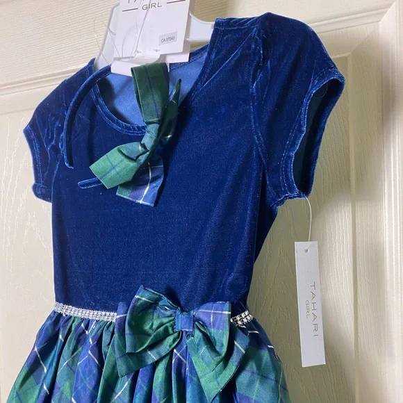 Tahari | NWT Girl’s Blue Green Plaid Velvet Dress & Matching Headband - 8 - Picture 4 of 9